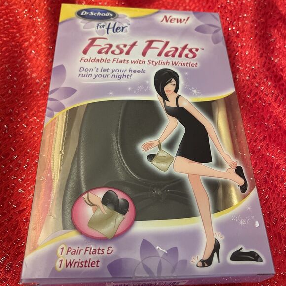 Dr. Scholls FAST FLATS Foldable Black Ballet Flats & Gold Wristlet Bag Sizes 5-6 - Picture 1 of 3